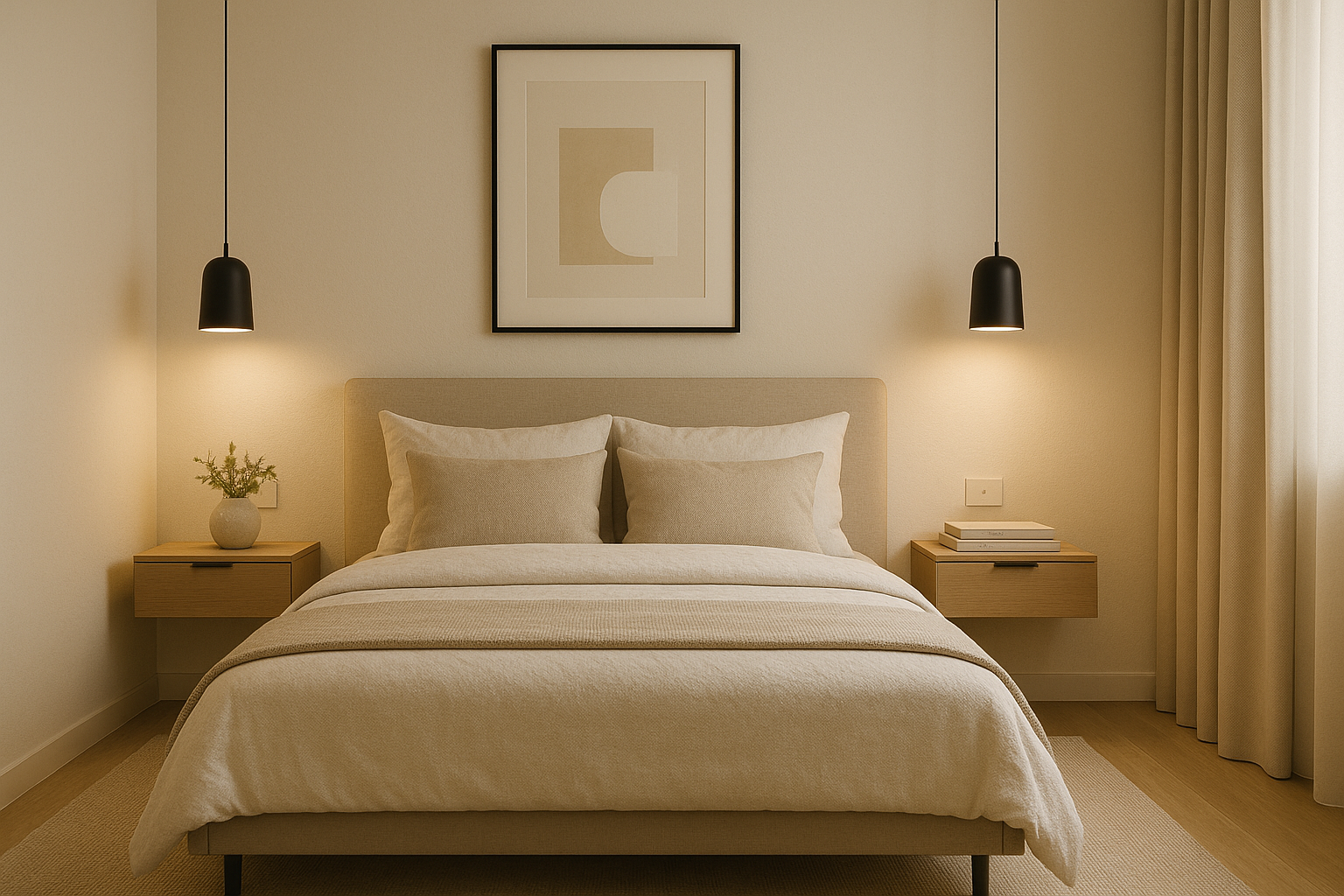 dormitorio pequeño moderno en tonos neutros y líneas sencillas