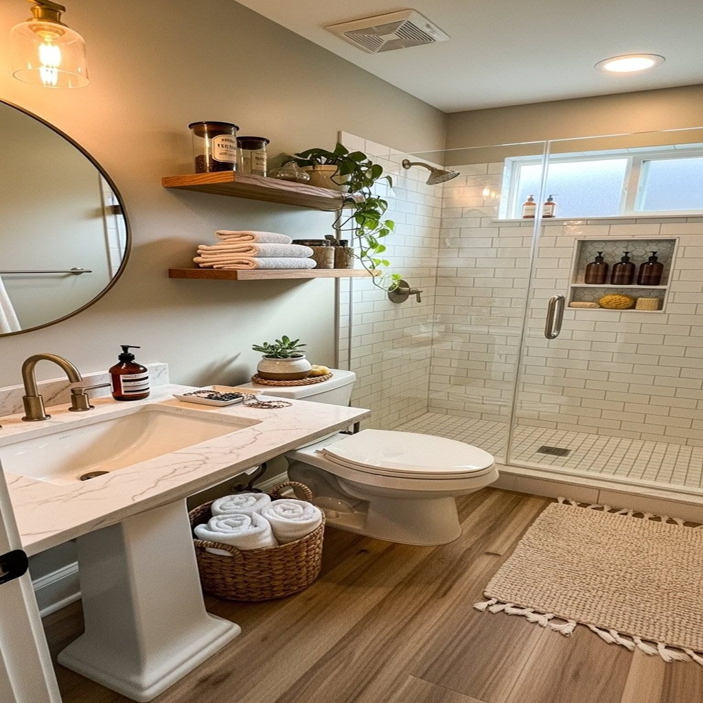 Baño moderno de estilo minimalista con ducha de vidrio, azulejos tipo metro blancos, estanterías de madera, lavabo con encimera marmoleada y decoración natural con plantas y textiles neutros.