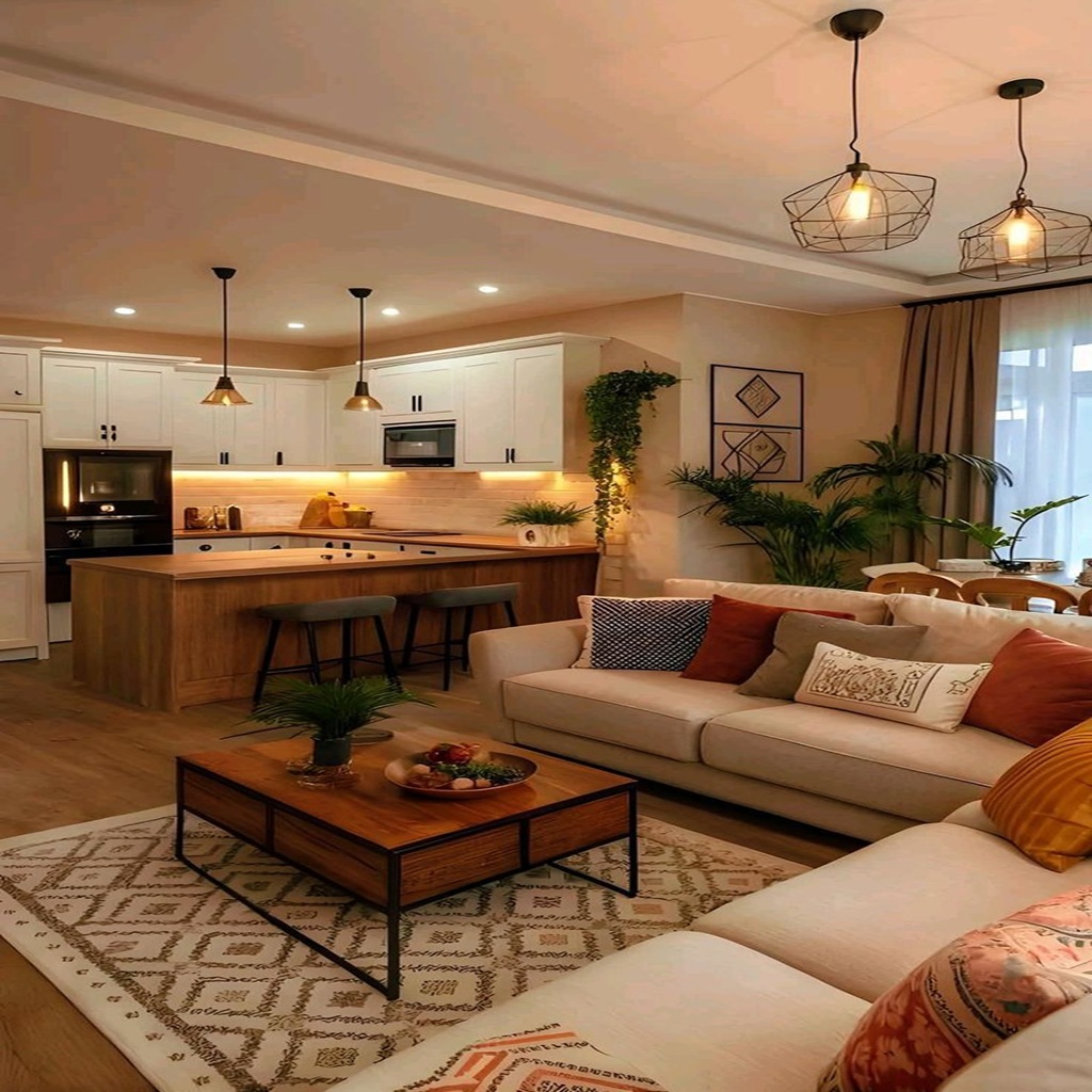 "Salón moderno con cocina abierta de estilo cálido y natural, sofá beige con cojines decorativos, mesa de centro de madera, plantas de interior y lámparas colgantes que aportan un ambiente acogedor.