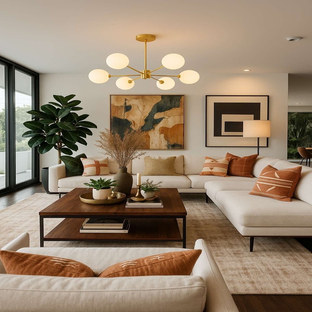 Salón moderno de estilo minimalista con sofá en tonos beige, cojines terracota, mesa de centro de madera, arte abstracto en la pared y plantas de interior junto a ventanales amplios.