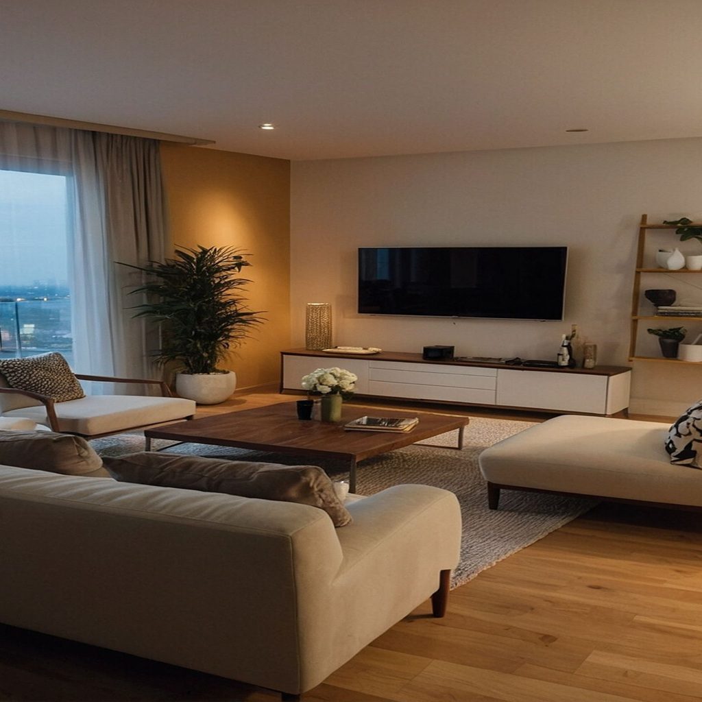 Salón moderno de estilo minimalista con muebles en tonos neutros, mesa de madera, iluminación cálida y decoración sencilla con plantas y estanterías.
